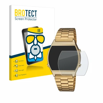 Face avant d’un emballage produit avec le logo de la marque BROTECT. À côté, l’appareil Casio Retro B640WB est représenté avec