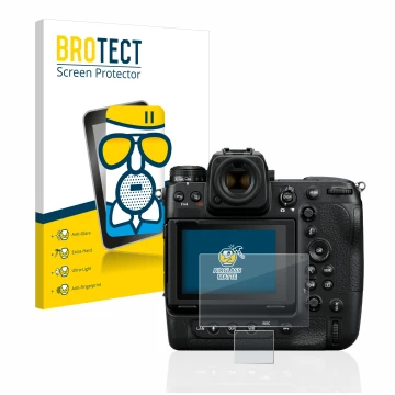 Face avant d’un emballage produit avec le logo de la marque BROTECT. À côté, l’appareil Nikon Z 9 (Affichage + affichage des é