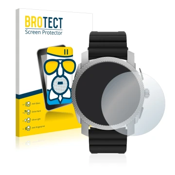 Face avant d’un emballage produit avec le logo de la marque BROTECT. À côté, l’appareil Fossil Gen 6 Hybrid Machine (45mm) est