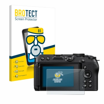 Face avant d’un emballage produit avec le logo de la marque BROTECT. À côté, l’appareil Nikon Z 30 est représenté avec la prot
