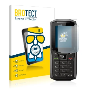 Face avant d’un emballage produit avec le logo de la marque BROTECT. À côté, l’appareil Crosscall Core-S4 est représenté avec 