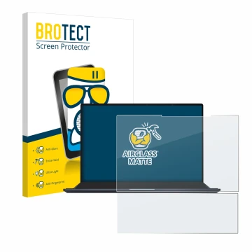 Face avant d’un emballage produit avec le logo de la marque BROTECT. À côté, l’appareil ASUS ZenBook Pro 14 Duo OLED UX8402 es