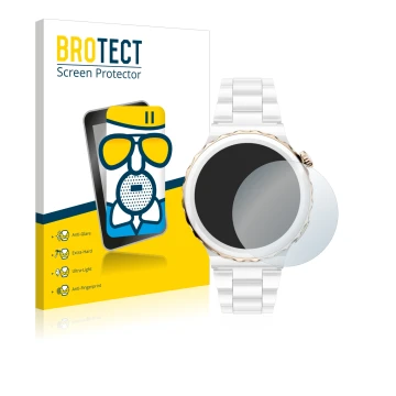 Face avant d’un emballage produit avec le logo de la marque BROTECT. À côté, l’appareil Huawei Watch GT 3 Pro Ceramic (43mm) e