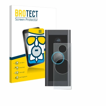 Face avant d’un emballage produit avec le logo de la marque BROTECT. À côté, l’appareil Ring Video Doorbell Wired est représen