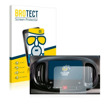 Face avant d’un emballage produit avec le logo de la marque BROTECT. À côté, l’appareil Fiat 500L 2022 Uconnect 7