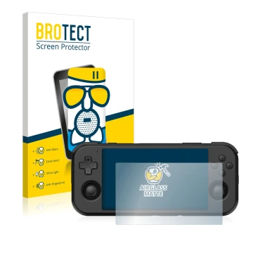 Face avant d’un emballage produit avec le logo de la marque BROTECT. À côté, l’appareil Retroid Pocket 3 est représenté avec l