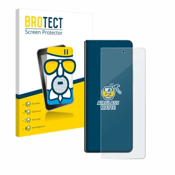 Face avant d’un emballage produit avec le logo de la marque BROTECT. À côté, l’appareil Samsung Galaxy Z Fold 4 est représenté