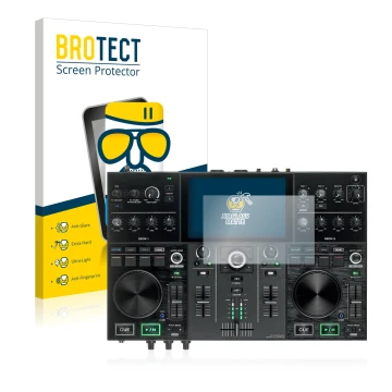 Face avant d’un emballage produit avec le logo de la marque BROTECT. À côté, l’appareil Denon DJ Prime Go est représenté avec 