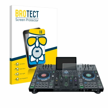 Face avant d’un emballage produit avec le logo de la marque BROTECT. À côté, l’appareil Denon DJ Prime 4 est représenté avec l