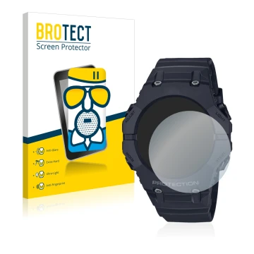 Face avant d’un emballage produit avec le logo de la marque BROTECT. À côté, l’appareil Casio G-Shock GA-B001 est représenté a