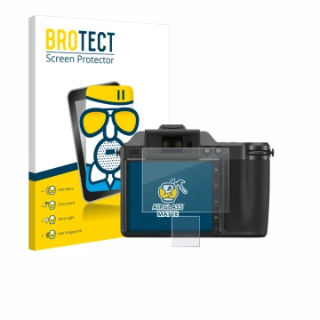 Face avant d’un emballage produit avec le logo de la marque BROTECT. À côté, l’appareil Fujifilm X-H2 est représenté avec la p