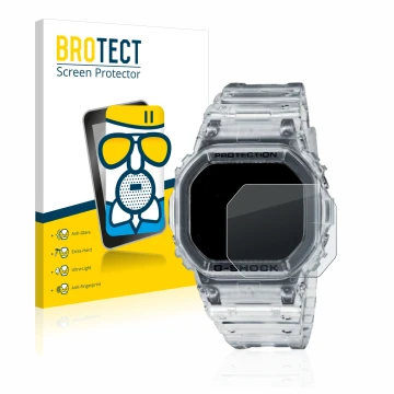 Face avant d’un emballage produit avec le logo de la marque BROTECT. À côté, l’appareil Casio G-Shock DW-5600SKE-7 est représe