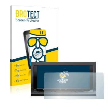 Face avant d’un emballage produit avec le logo de la marque BROTECT. À côté, l’appareil Volkswagen Caddy 5 Discover Pro 10 (20