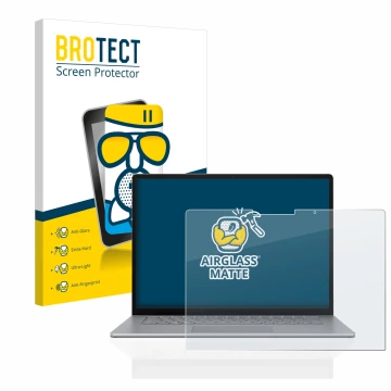 Face avant d’un emballage produit avec le logo de la marque BROTECT. À côté, l’appareil Microsoft Surface Laptop 5 13.5