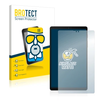 Face avant d’un emballage produit avec le logo de la marque BROTECT. À côté, l’appareil Samsung Galaxy Tab A7 Lite 2022 est re