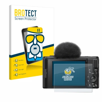 Face avant d’un emballage produit avec le logo de la marque BROTECT. À côté, l’appareil Sony ZV-1F est représenté avec la prot