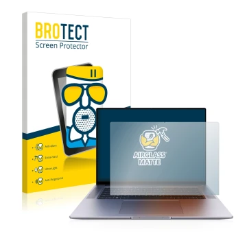 Face avant d’un emballage produit avec le logo de la marque BROTECT. À côté, l’appareil Huawei MateBook 16s est représenté ave