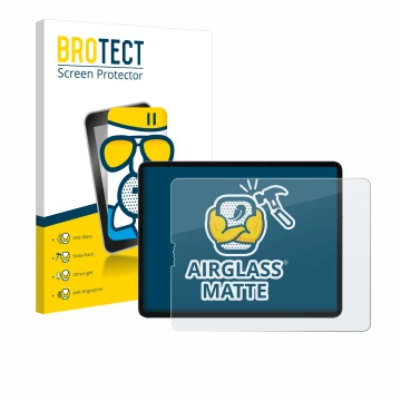 Face avant d’un emballage produit avec le logo de la marque BROTECT. À côté, l’appareil Apple iPad Pro 12.9