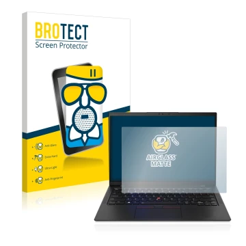 Face avant d’un emballage produit avec le logo de la marque BROTECT. À côté, l’appareil Lenovo ThinkPad X1 Carbon Touch 14