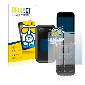 Face avant d’un emballage produit avec le logo de la marque BROTECT. À côté, l’appareil Nokia 2660 Flip (Avant+Arrière) est re