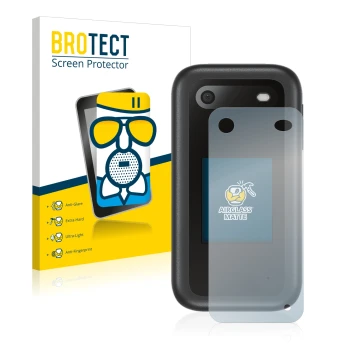 Face avant d’un emballage produit avec le logo de la marque BROTECT. À côté, l’appareil Nokia 2660 Flip (Arrière) est représen