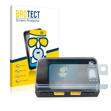 Face avant d’un emballage produit avec le logo de la marque BROTECT. À côté, l’appareil ToolkitRC M6D Dual Charger est représe