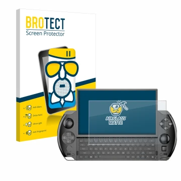 Face avant d’un emballage produit avec le logo de la marque BROTECT. À côté, l’appareil GPD Win 4 est représenté avec la prote