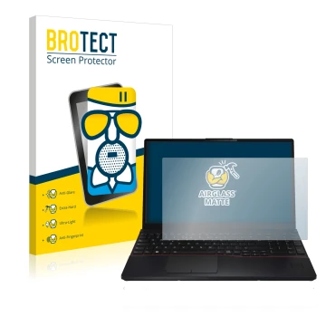 Face avant d’un emballage produit avec le logo de la marque BROTECT. À côté, l’appareil Fujitsu Lifebook E5512 est représenté 