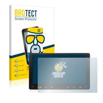 Face avant d’un emballage produit avec le logo de la marque BROTECT. À côté, l’appareil Atoto A6 PF 9 Zoll est représenté avec