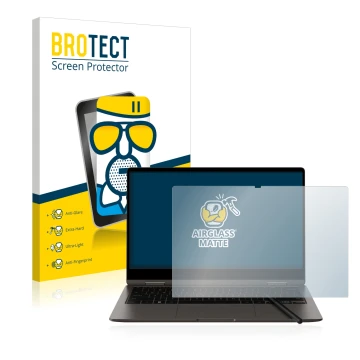 Face avant d’un emballage produit avec le logo de la marque BROTECT. À côté, l’appareil Samsung Galaxy Book3 360 13