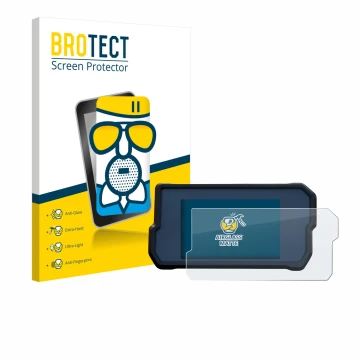 Face avant d’un emballage produit avec le logo de la marque BROTECT. À côté, l’appareil KTM 390 Duke 2019 est représenté avec 