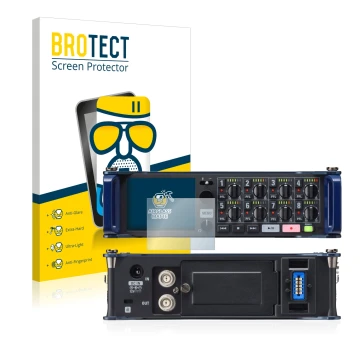 Face avant d’un emballage produit avec le logo de la marque BROTECT. À côté, l’appareil Zoom F8 field recorder est représenté 