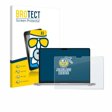 Face avant d’un emballage produit avec le logo de la marque BROTECT. À côté, l’appareil Apple MacBook Pro 14