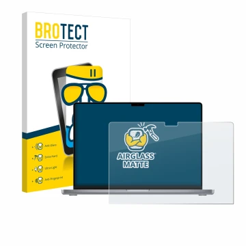 Face avant d’un emballage produit avec le logo de la marque BROTECT. À côté, l’appareil Apple MacBook Pro 16