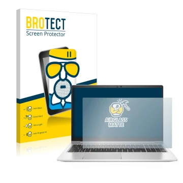 Face avant d’un emballage produit avec le logo de la marque BROTECT. À côté, l’appareil HP EliteBook 650 G9 est représenté ave