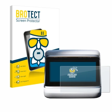 Face avant d’un emballage produit avec le logo de la marque BROTECT. À côté, l’appareil Tesla Model X Plaid 2023 (Affichage ar