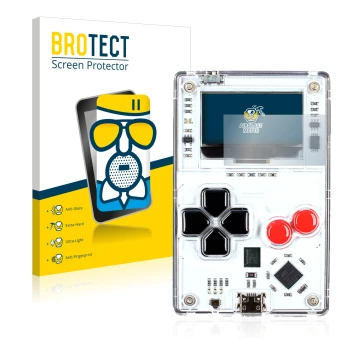 Face avant d’un emballage produit avec le logo de la marque BROTECT. À côté, l’appareil Arduboy FX est représenté avec la prot