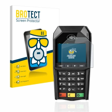 Face avant d’un emballage produit avec le logo de la marque BROTECT. À côté, l’appareil ingenico Desk/1600 est représenté avec