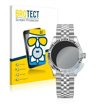 Face avant d’un emballage produit avec le logo de la marque BROTECT. À côté, l’appareil Rolex Datejust 31 est représenté avec 