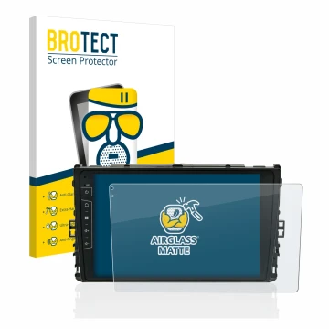 Face avant d’un emballage produit avec le logo de la marque BROTECT. À côté, l’appareil Dynavin D8-DF63 10.1