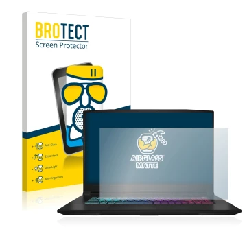 Face avant d’un emballage produit avec le logo de la marque BROTECT. À côté, l’appareil MSI Katana 17 B13V est représenté avec