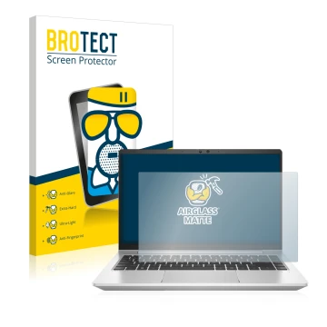 Face avant d’un emballage produit avec le logo de la marque BROTECT. À côté, l’appareil HP ProBook 445 G8 est représenté avec 