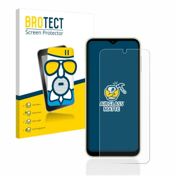 Face avant d’un emballage produit avec le logo de la marque BROTECT. À côté, l’appareil Samsung Galaxy A14 4G est représenté a