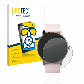 Face avant d’un emballage produit avec le logo de la marque BROTECT. À côté, l’appareil Hama Fit Watch 4910 est représenté ave