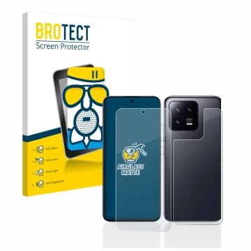 Face avant d’un emballage produit avec le logo de la marque BROTECT. À côté, l’appareil Xiaomi 13 (Avant+Arrière) est représen