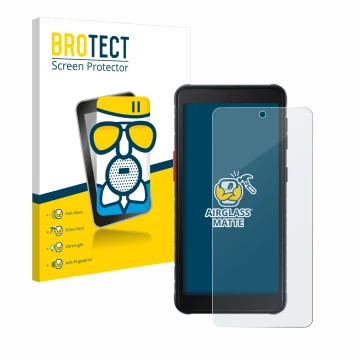 Face avant d’un emballage produit avec le logo de la marque BROTECT. À côté, l’appareil Samsung Galaxy XCover 5 Enterprise Edi