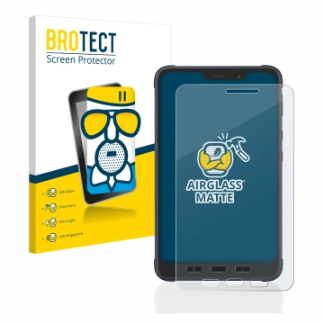 Face avant d’un emballage produit avec le logo de la marque BROTECT. À côté, l’appareil Samsung Galaxy Tab Active 3 Enterprise