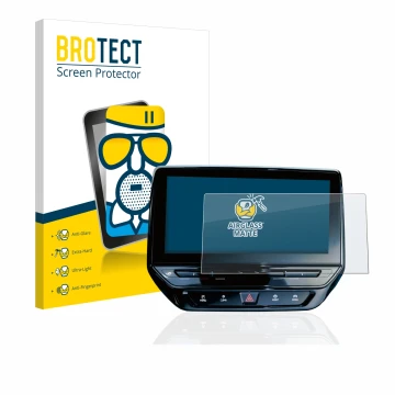 Face avant d’un emballage produit avec le logo de la marque BROTECT. À côté, l’appareil Volkswagen ID.5 Discover Pro 12