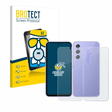 Face avant d’un emballage produit avec le logo de la marque BROTECT. À côté, l’appareil Samsung Galaxy A54 5G (Avant+Arrière) 
