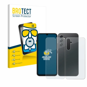 Face avant d’un emballage produit avec le logo de la marque BROTECT. À côté, l’appareil Samsung Galaxy A34 5G (Avant+Arrière) 